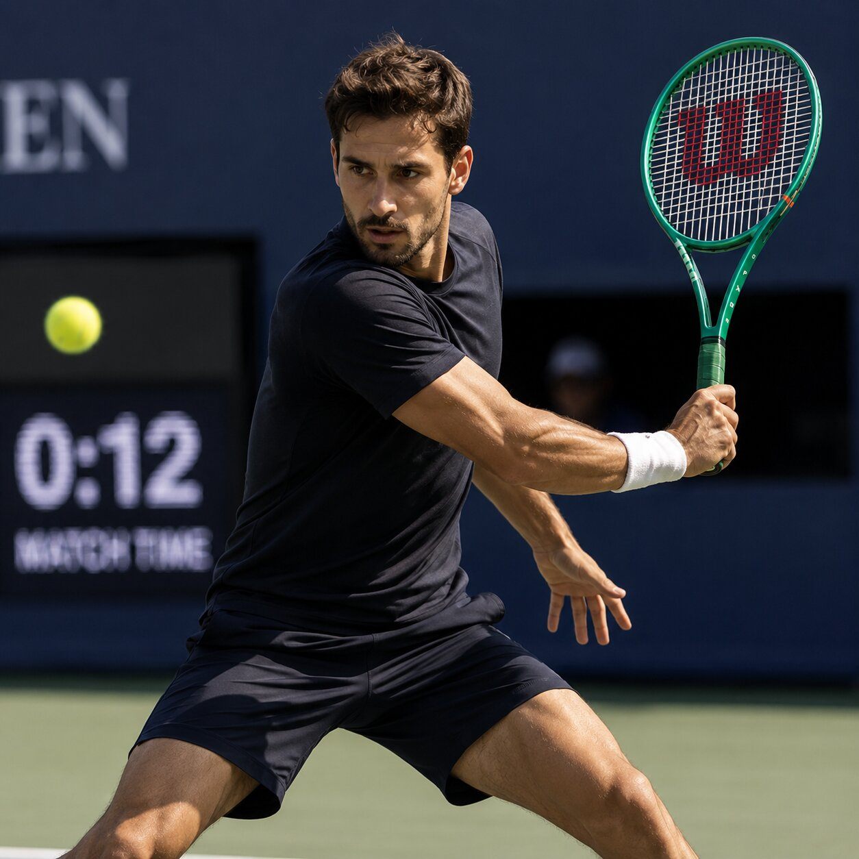 Control-focused tennis player preparing a backhand
