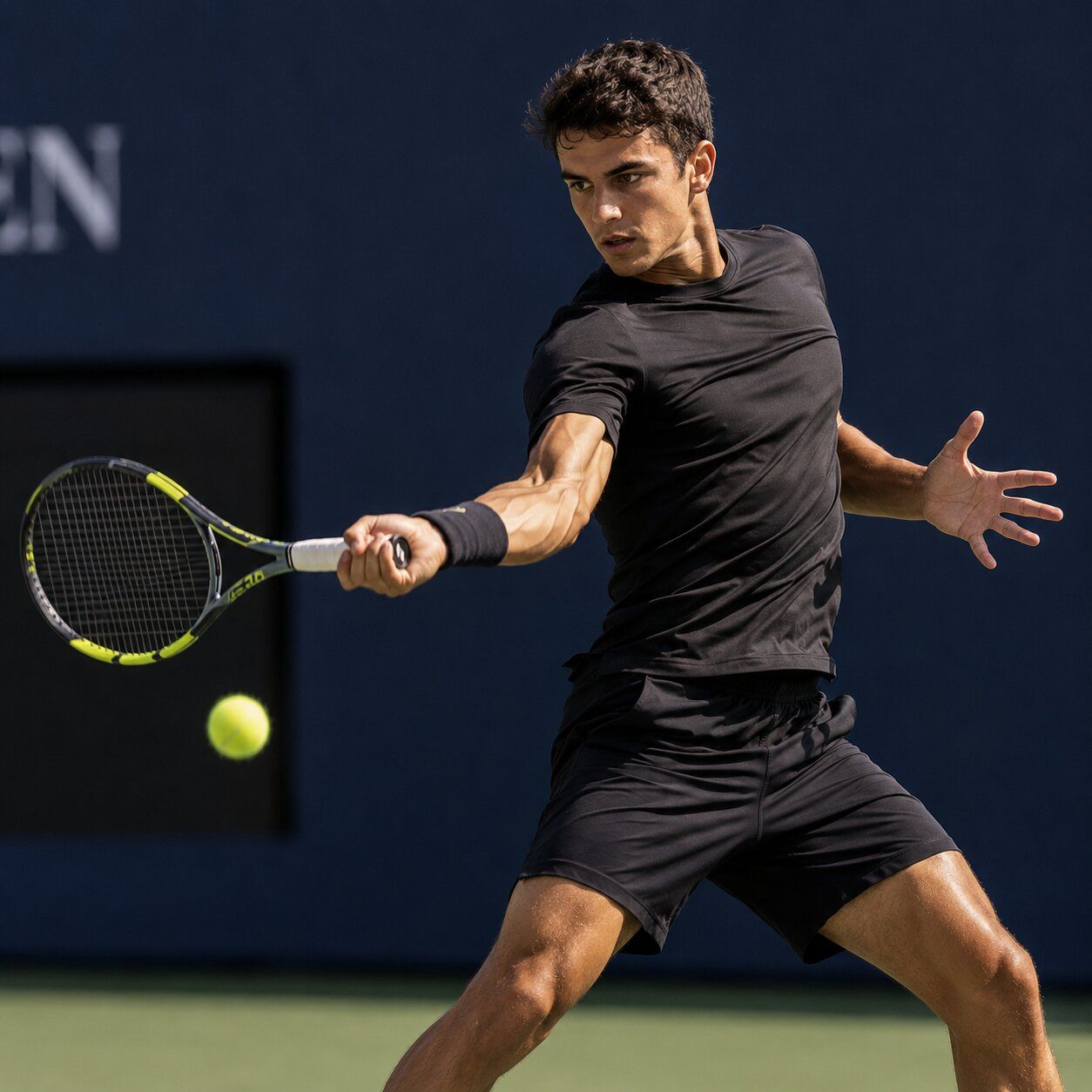 Tennis player striking an aggressive topspin forehand