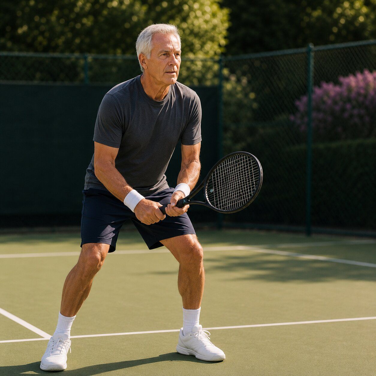 Tennis player ready to return serve with an easy-power racquet