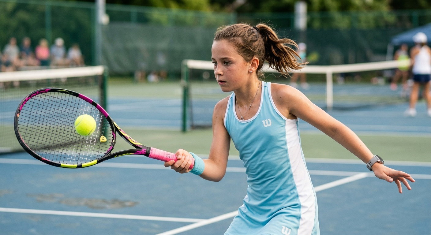 Junior tennis player holding racquet