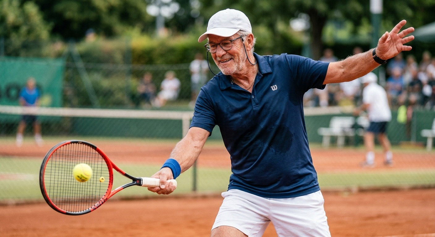 Senior tennis player holding racquet